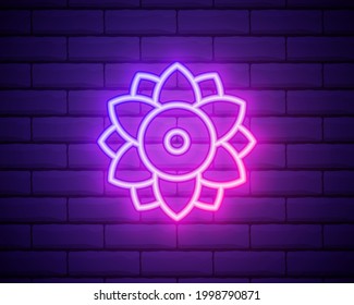 Flower pink glowing neon ui ux icon. Glowing sign logo vector . Glowing flower isolated on brick wall background