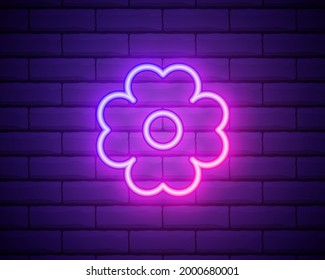 Flower pink glowing neon ui ux icon. Glowing sign logo vector . Glowing flower isolated on brick wall background.