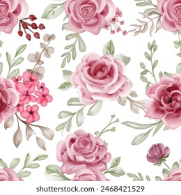 Flower pink and leaf watercolor seamless pattern with transparent background