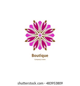 Flower pink logo in the form of decorative roses for boutique, flower shop, business, interior. Company mark, emblem. Simple geometric mandala logotype. Kaleidoscope big bud. Surround abstract blossom
