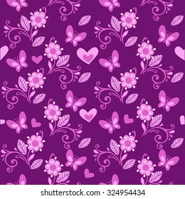 Flower pink pattern with butterflies and hearts.
