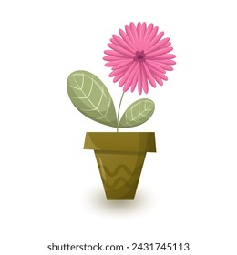 Flower with pink petals in a green pot. Deciduous house plants. Vector illustration with shadow and gradient. Icon, single design.