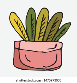 Flower in a pink pot. A collection of elements drawn by hand. Isolate on white.
