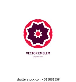 Flower pink, purple logo circular logo in the form of roses. Bright and juicy logotype for boutique, flower shop, business. Company emblem, element. Kaleidoscope big bud. Surround abstract blossom.