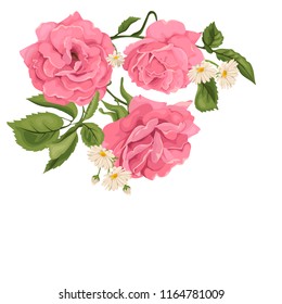 Flower  pink rose, green leaves. Wedding concept. Vector arrangements for greeting card or invitation design background. Floral card.