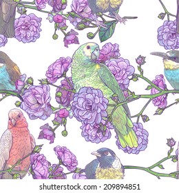  Flower of pink roses with birds seamless pattern background. Vintage antique background, fashion pattern. Creative fabric, wrapping with graphic floral ornaments - summer and spring theme for design 
