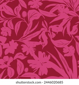 flower pink sketch seamless pattern with red background, fabric, and wrapping paper. stock template design. nature flat spring flower motif in rosy red and white color.