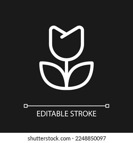 Flower pixel perfect white linear ui icon for dark theme. Floral shop. Retail florist. Vector line pictogram. Isolated user interface symbol for night mode. Editable stroke. Arial font used