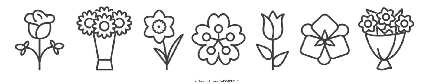 Flower, plant and blossom icons set - Vector Illustration - Editable Thin Line Icons Collection on white Background for Web and Print