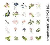 Flower and plant elements set featuring floral bouquets, leaves, and spring-inspired designs. Vector flowers isolated on white, perfect for botanical art, spring holiday projects, and creative uses.