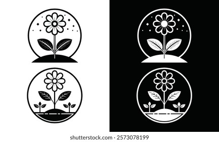 Flower Plant Garden Line Icon With Editable Stroke On Transparent Base and two variation design in black and white background.