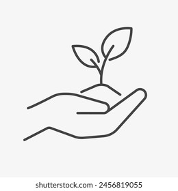Flower Plant in hand line icon. Hand holding sprout tree with leaves vector outline sign.