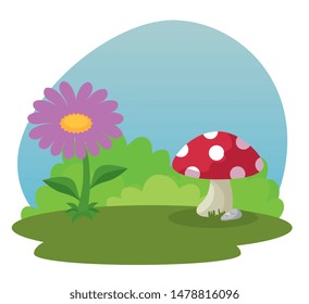 flower plant with leaves and fungus with bushes