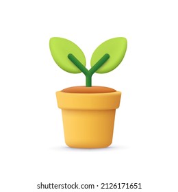 Flower, plant with leaves in pot. Gardening concept. 3d vector icon. Cartoon minimal style. - Shutterstock ID 2126171651
