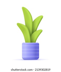 Flower, plant with leaves in pot. Gardening concept. 3d vector icon. Cartoon minimal style.