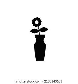 flower plant on pot vase icon in black flat glyph, filled style isolated on white background