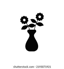 flower plant on pot vase icon in black flat glyph, filled style isolated on white background