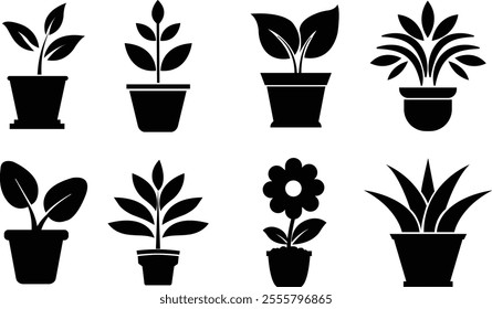 Flower plant pot flat icon set. Home plant leaf gardening symbol black vector collection isolated on transparent background. Plant garden floral growth nature sign. Pictogram for web and app.