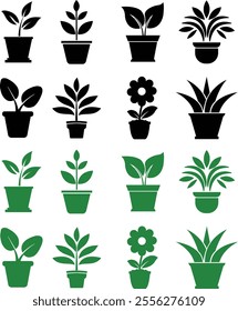 Flower plant pot flat icon set. Home plant leaf gardening symbol black and green vector collection isolated on transparent background. Plant garden floral growth nature sign Pictogram for web