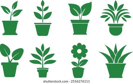 Flower plant pot flat icon set. Home plant leaf gardening symbol black and green vector collection isolated on transparent background. Plant garden floral growth nature sign Pictogram for web