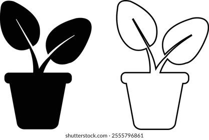 Flower plant pot flat and line icon set. Home plant leaf gardening symbol black vector collection isolated on transparent background. Plant garden floral growth nature sign. Pictogram for web and app.