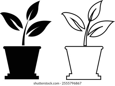 Flower plant pot flat and line icon set. Home plant leaf gardening symbol black vector collection isolated on transparent background. Plant garden floral growth nature sign. Pictogram for web and app.