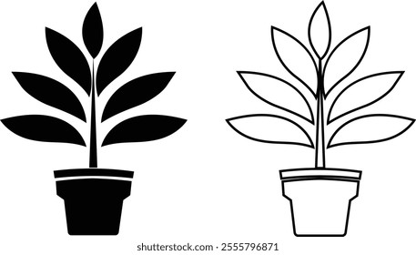 Flower plant pot flat and line icon set. Home plant leaf gardening symbol black vector collection isolated on transparent background. Plant garden floral growth nature sign. Pictogram for web and app.