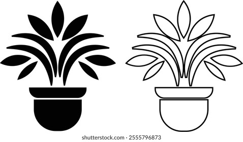 Flower plant pot flat and line icon set. Home plant leaf gardening symbol black vector collection isolated on transparent background. Plant garden floral growth nature sign. Pictogram for web and app.