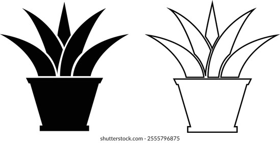 Flower plant pot flat and line icon set. Home plant leaf gardening symbol black vector collection isolated on transparent background. Plant garden floral growth nature sign. Pictogram for web and app.