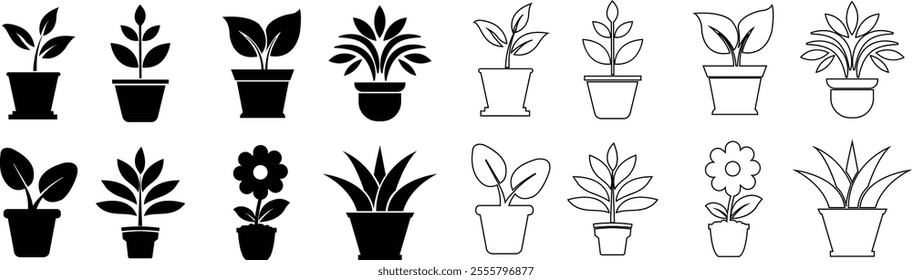 Flower plant pot flat and line icon set. Home plant leaf gardening symbol black vector collection isolated on transparent background. Plant garden floral growth nature sign. Pictogram for web and app.