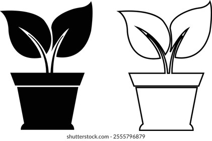 Flower plant pot flat and line icon set. Home plant leaf gardening symbol black vector collection isolated on transparent background. Plant garden floral growth nature sign. Pictogram for web and app.