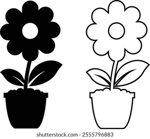 Flower plant pot flat and line icon set. Home plant leaf gardening symbol black vector collection isolated on transparent background. Plant garden floral growth nature sign. Pictogram for web and app.