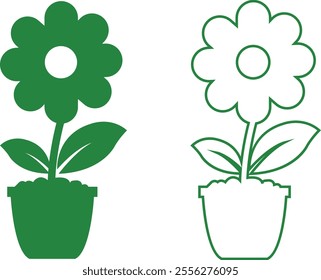 Flower plant pot flat and line icon set. Home plant leaf gardening symbol green vector collection isolated on transparent background. Plant garden floral growth nature sign Pictogram for web