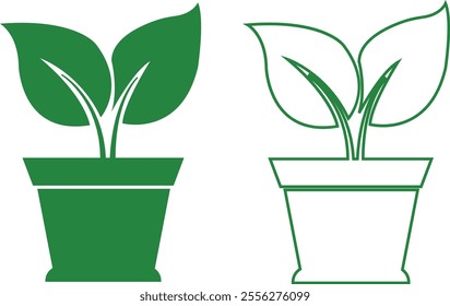 Flower plant pot flat and line icon set. Home plant leaf gardening symbol green vector collection isolated on transparent background. Plant garden floral growth nature sign Pictogram for web