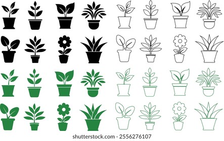 Flower plant pot flat and line icon set. Home plant leaf gardening symbol black and green vector collection isolated on transparent background. Plant garden floral growth nature sign Pictogram for web