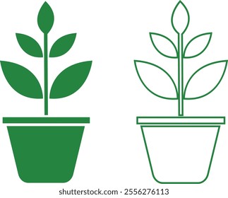 Flower plant pot flat and line icon set. Home plant leaf gardening symbol green vector collection isolated on transparent background. Plant garden floral growth nature sign Pictogram for web