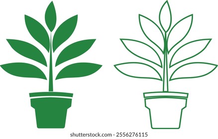 Flower plant pot flat and line icon set. Home plant leaf gardening symbol green vector collection isolated on transparent background. Plant garden floral growth nature sign Pictogram for web