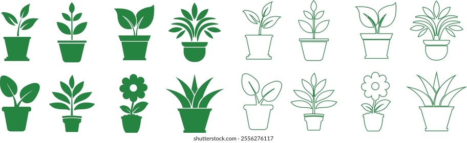 Flower plant pot flat and line icon set. Home plant leaf gardening symbol black and green vector collection isolated on transparent background. Plant garden floral growth nature sign Pictogram for web