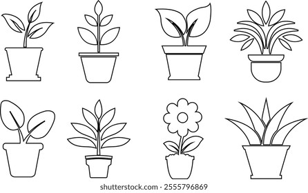 Flower plant pot line icon set. Home plant leaf gardening symbol black vector collection isolated on transparent background. Plant garden floral growth nature sign. Pictogram for web and app.