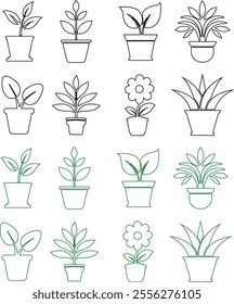 Flower plant pot line icon set. Home plant leaf gardening symbol black and green vector collection isolated on transparent background. Plant garden floral growth nature sign Pictogram for web