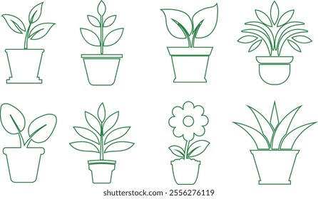 Flower plant pot line icon set. Home plant leaf gardening symbol black and green vector collection isolated on transparent background. Plant garden floral growth nature sign Pictogram for web