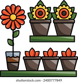 Flower Plant Rack Trolley Carts concept, florist shop front view vector icon design, Shrubs and Trees symbol, Plants and Flowers sign, Landscaping and Garden Tools stock illustration