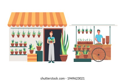 Flower and plant shop. Flowers and plants florist shop interior. Floral shop and plants store for home garden green decoration. Man and Woman gardener and shop owner with plants. Vector in flat style