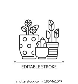 Flower planters linear icon. Houseplants and outdoor plants. Planting bowls, vases. Thin line customizable illustration. Contour symbol. Vector isolated outline drawing. Editable stroke