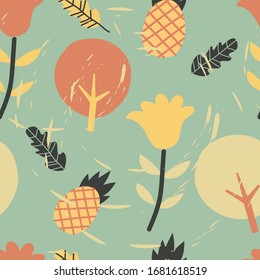 Flor, plantas, botánico, fruta, piña, diseño vectorial sin fisuras para la moda, tela, papel pintado, pañuelo y todas las impresiones. en color de fondo azul