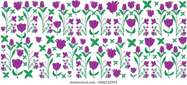 Flower  Plants, Leaves, Tulip Floral Background Seamless Pattern