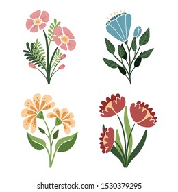Flower plants and leaves vector set