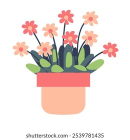 Flower plants in pots clip art, decorative flower houseplant flat design vector illustration, garden flowers decoration elements