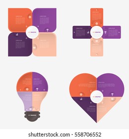 Flower, Plus, Light bulb, Heart, infographic template orange and purple with 4 steps