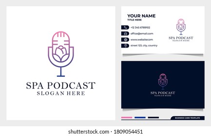 Diseño de logotipo de micrófono para podcast de flores con plantilla de tarjeta de visita